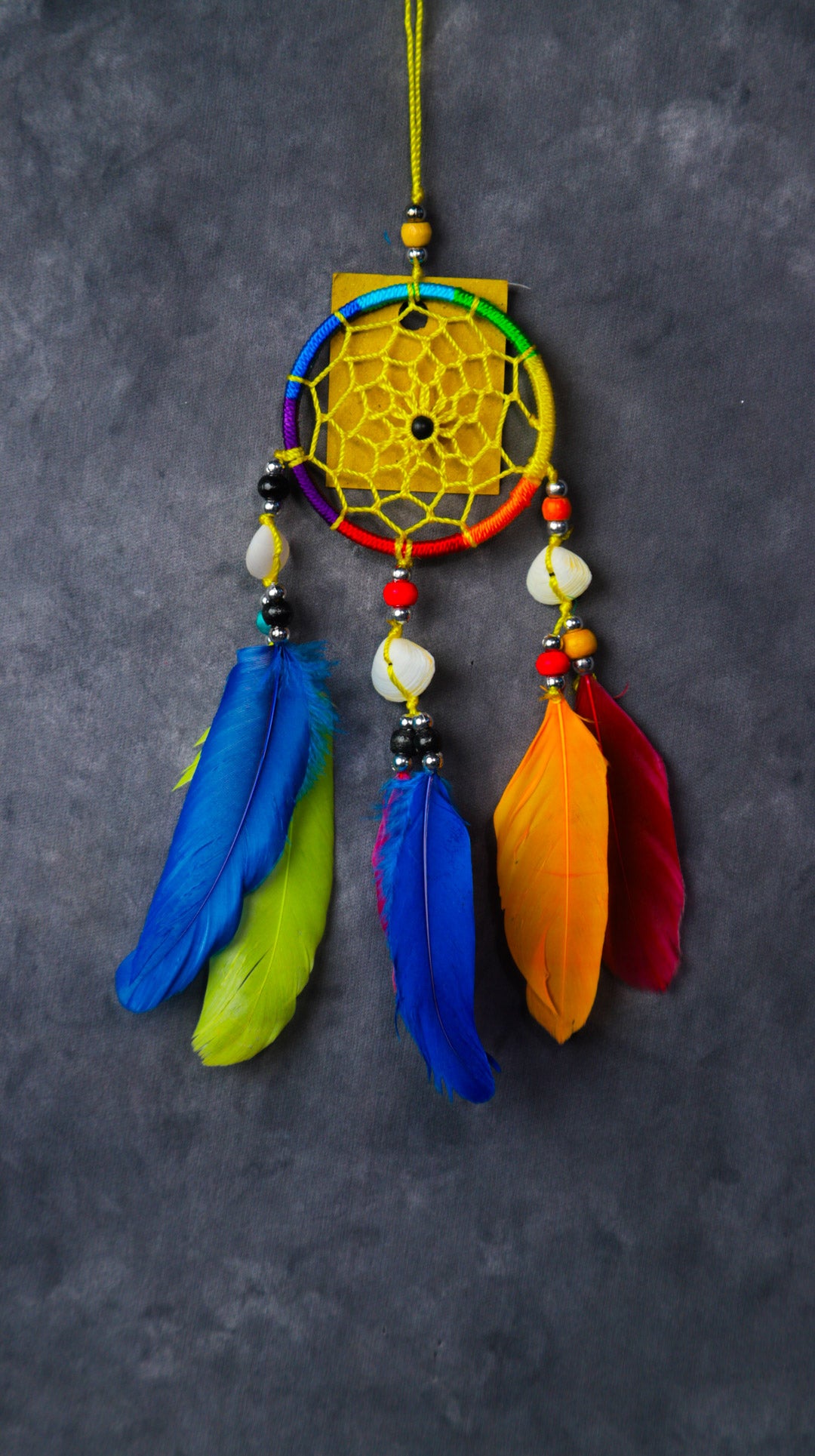 Close-up of a blue nylon dream-catcher with white and blue feathers hanging from a rear-view mirror.