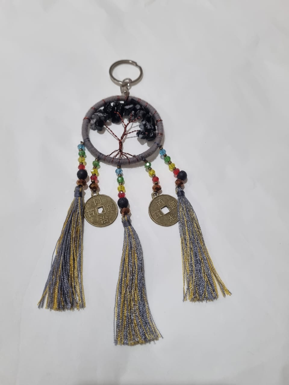 Handmade wholesale double dreamcatcher with Tree of Life, crystals, cotton tassels, and lucky coins