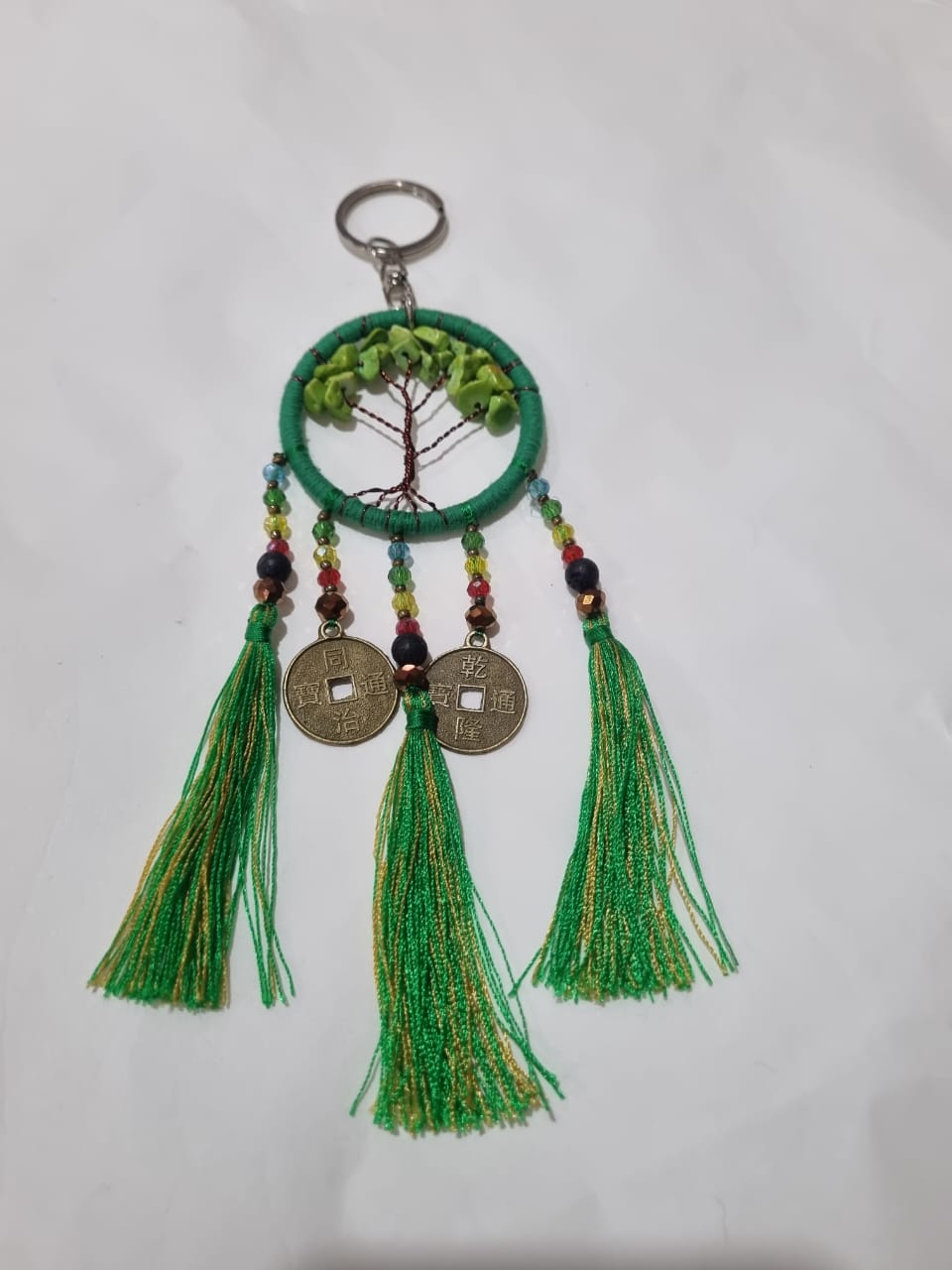 Handmade wholesale double dreamcatcher with Tree of Life, crystals, cotton tassels, and lucky coins
