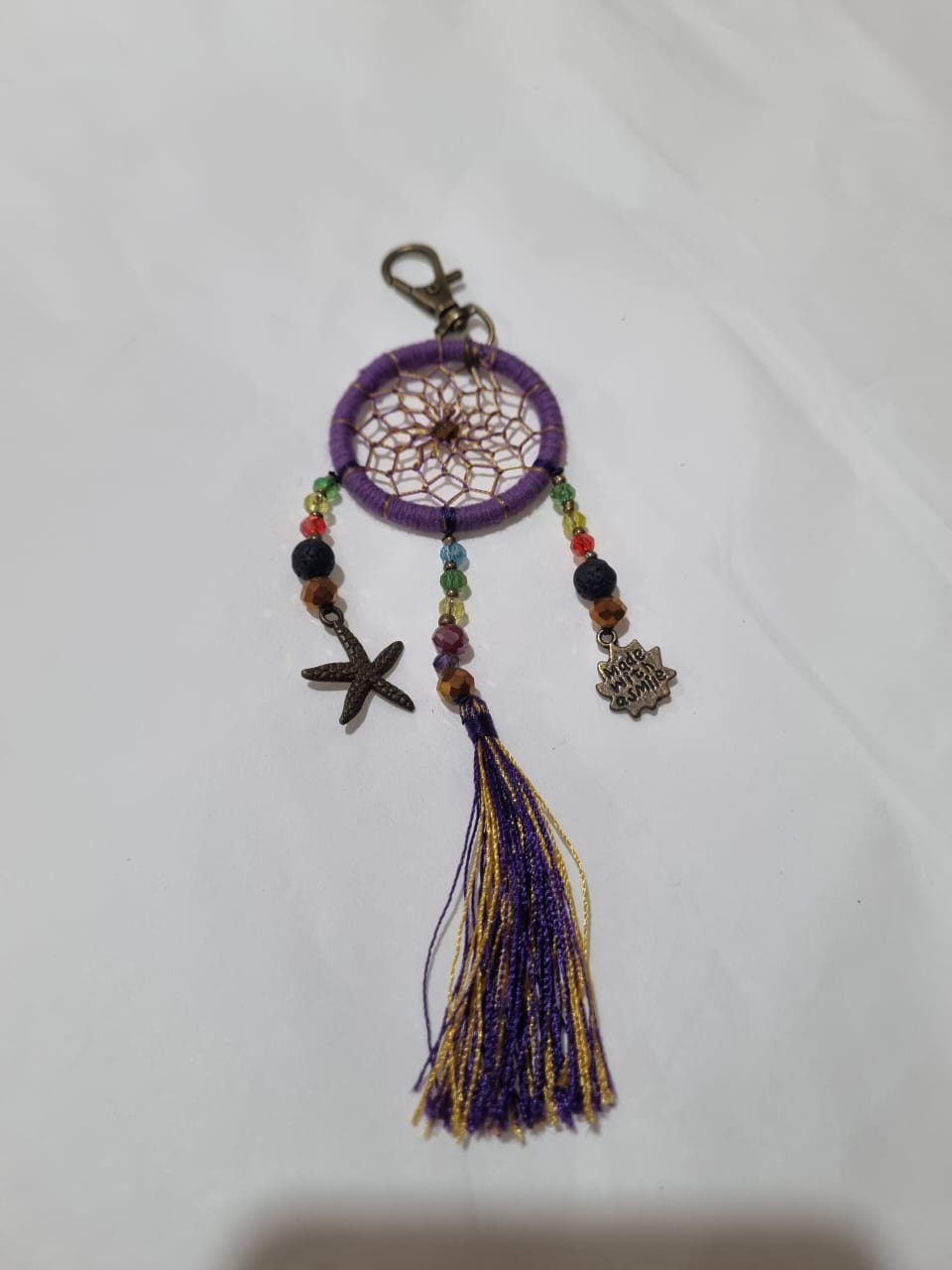 Handcrafted crystal dreamcatcher keychain with colorful tassels and beads