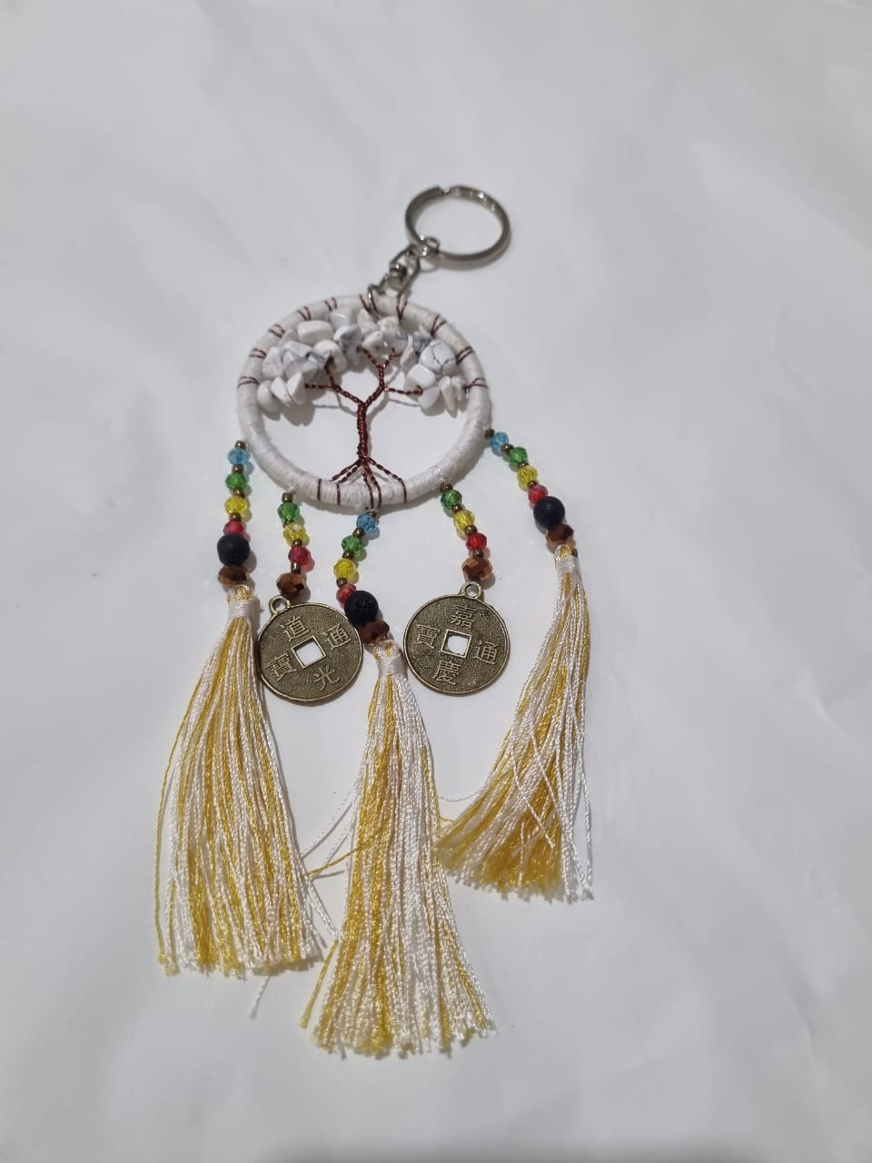 Handmade wholesale double dreamcatcher with Tree of Life, crystals, cotton tassels, and lucky coins