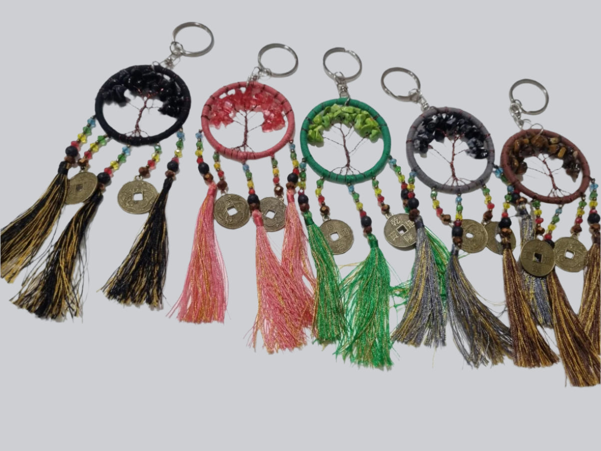 Handmade wholesale double dreamcatcher with Tree of Life, crystals, cotton tassels, and lucky coins