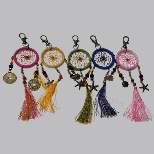 Handcrafted crystal dreamcatcher keychain with colorful tassels and beads