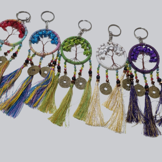 Handmade wholesale double dreamcatcher with Tree of Life, crystals, cotton tassels, and lucky coins