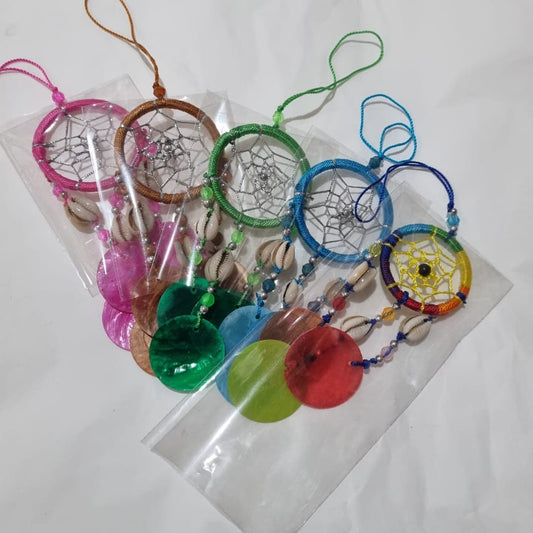 Colorful mini dreamcatcher keychain with natural shells and nylon webbing — perfect for car or wall hanging