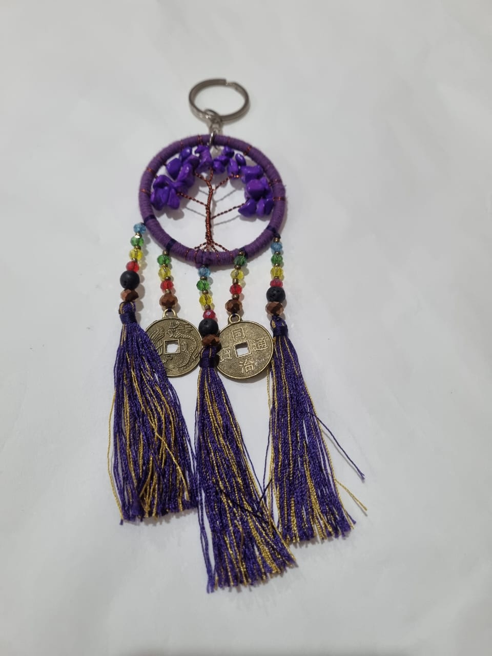 Handmade wholesale double dreamcatcher with Tree of Life, crystals, cotton tassels, and lucky coins
