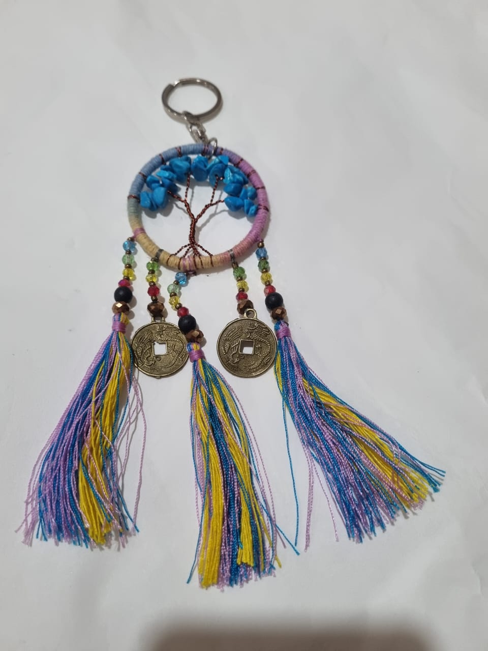 Handmade wholesale double dreamcatcher with Tree of Life, crystals, cotton tassels, and lucky coins