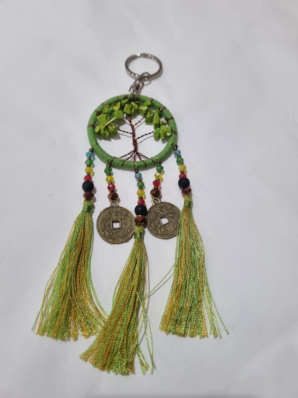 Handmade wholesale double dreamcatcher with Tree of Life, crystals, cotton tassels, and lucky coins
