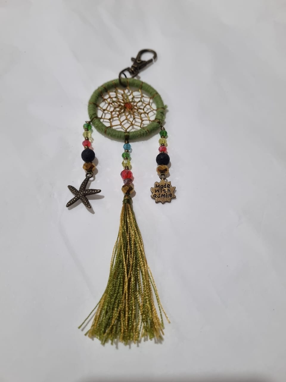 Handcrafted crystal dreamcatcher keychain with colorful tassels and beads