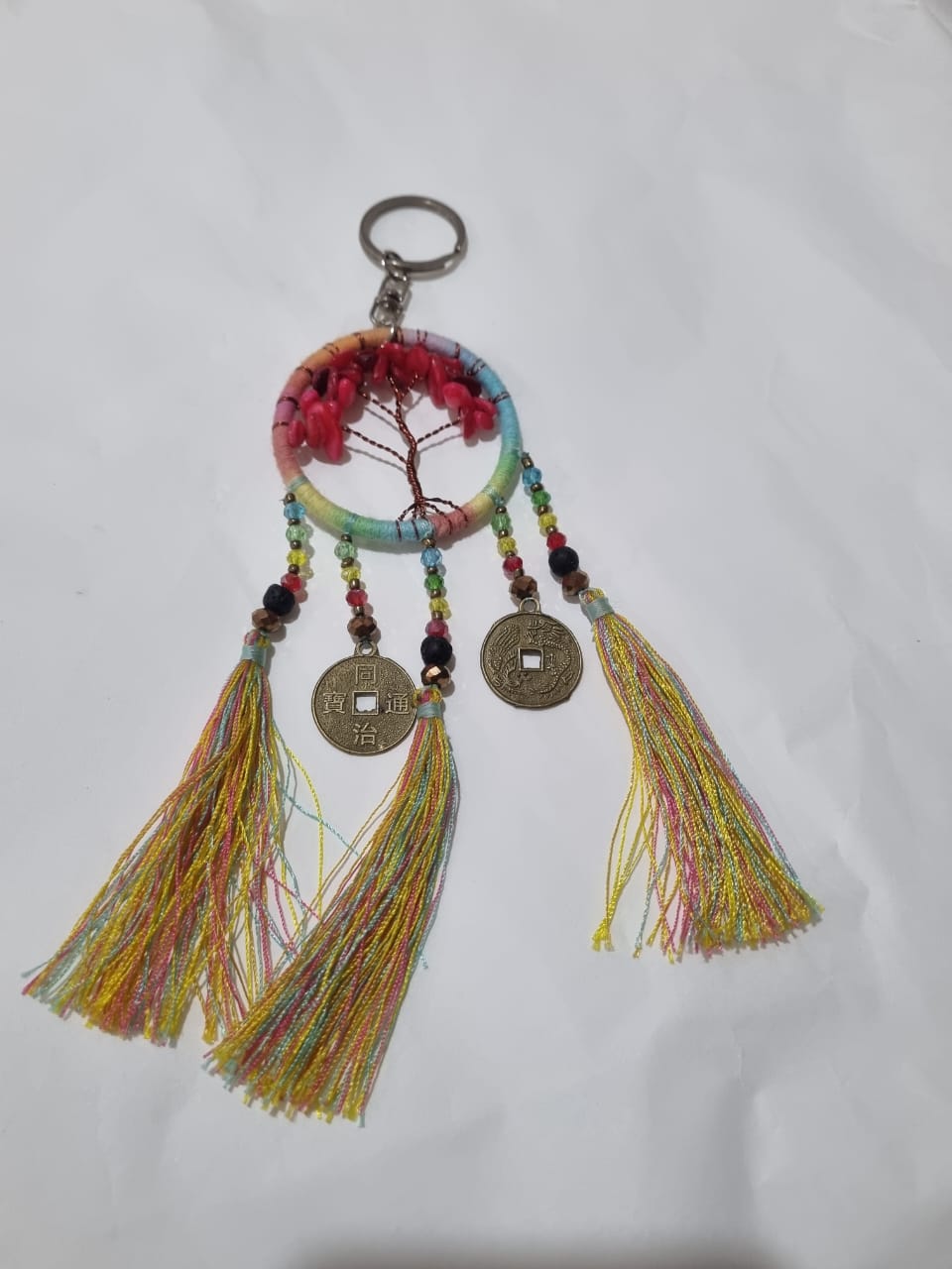 Handmade wholesale double dreamcatcher with Tree of Life, crystals, cotton tassels, and lucky coins