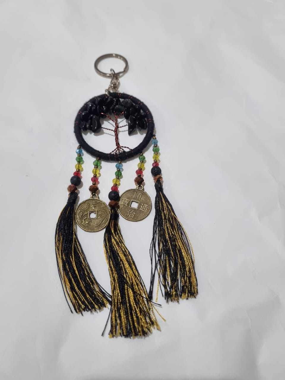 Handmade wholesale double dreamcatcher with Tree of Life, crystals, cotton tassels, and lucky coins