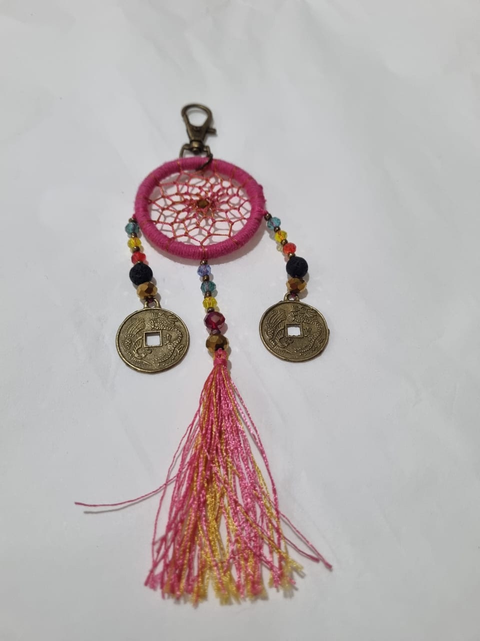 Handcrafted crystal dreamcatcher keychain with colorful tassels and beads