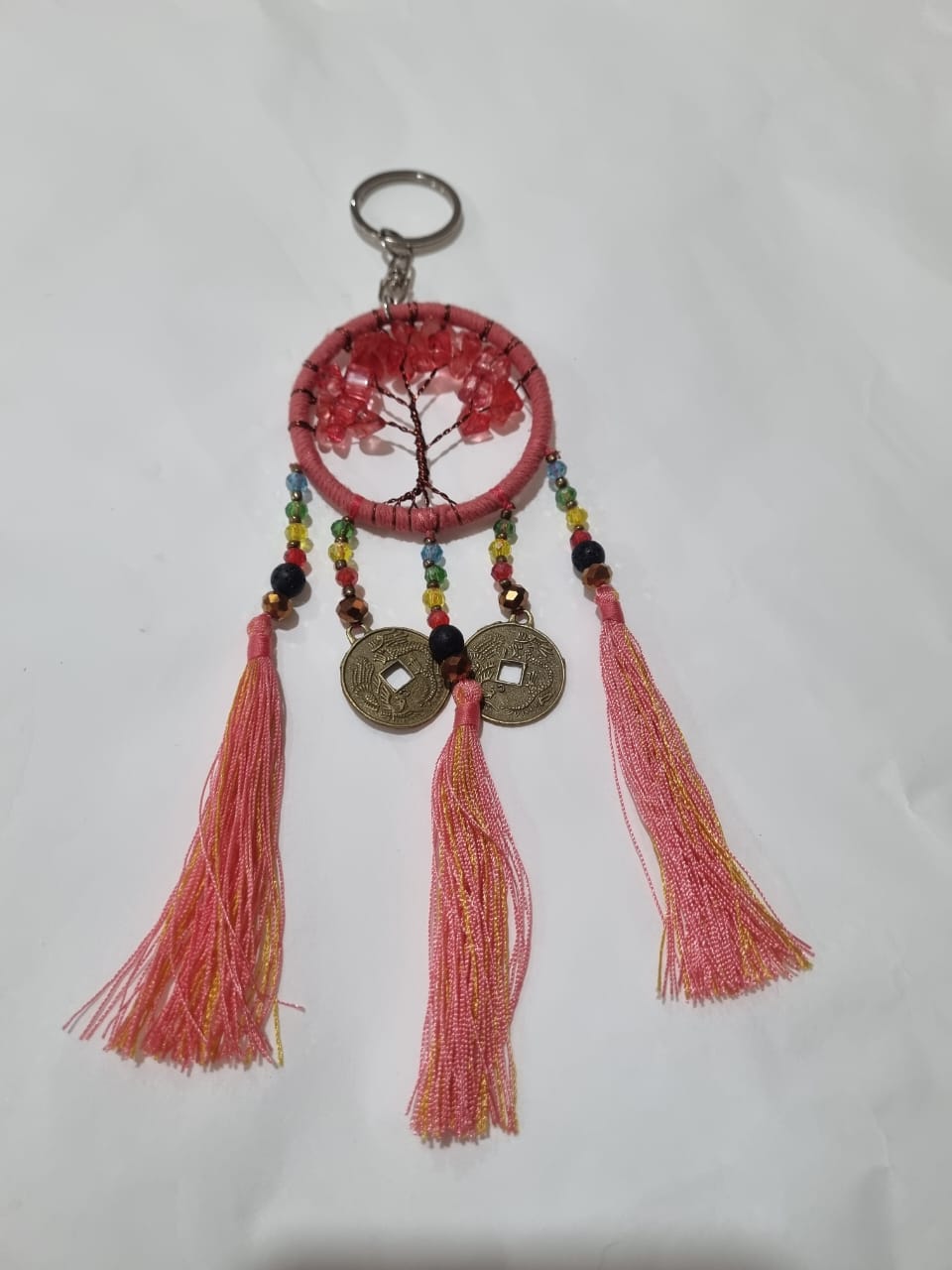 Handmade wholesale double dreamcatcher with Tree of Life, crystals, cotton tassels, and lucky coins