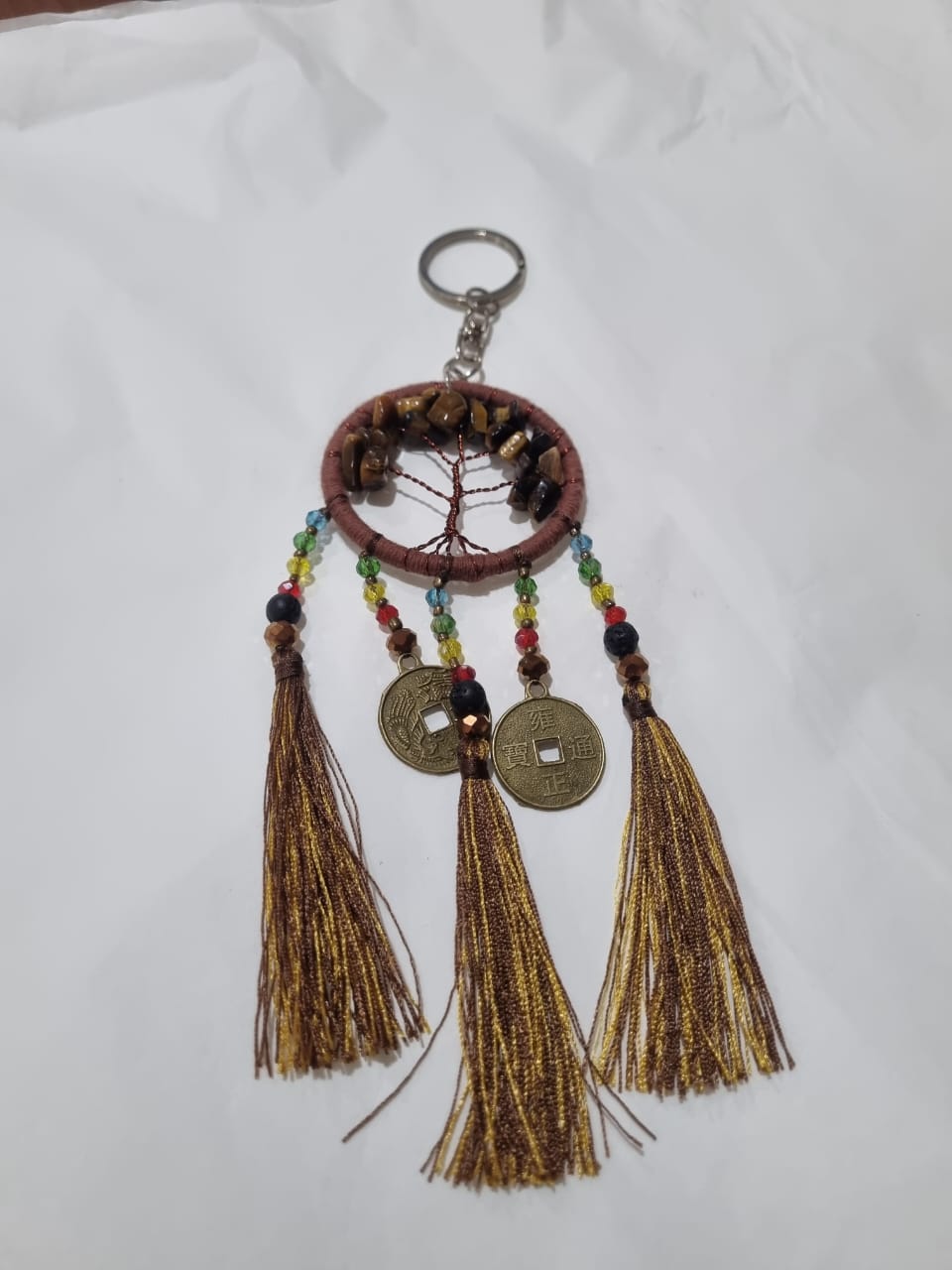 Handmade wholesale double dreamcatcher with Tree of Life, crystals, cotton tassels, and lucky coins