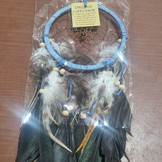 Artisan handmade dreamcatcher with cotton wrap, feathers, and wooden beads, 12cm diameter