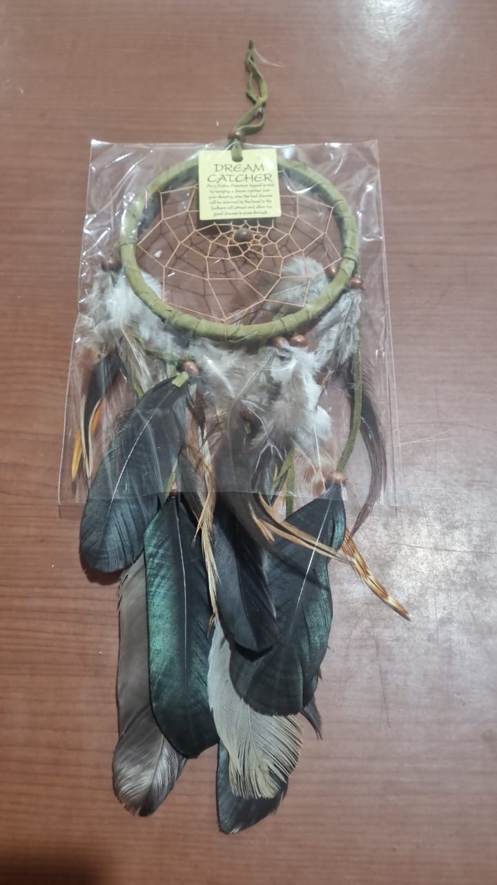 Artisan handmade dreamcatcher with cotton wrap, feathers, and wooden beads, 12cm diameter