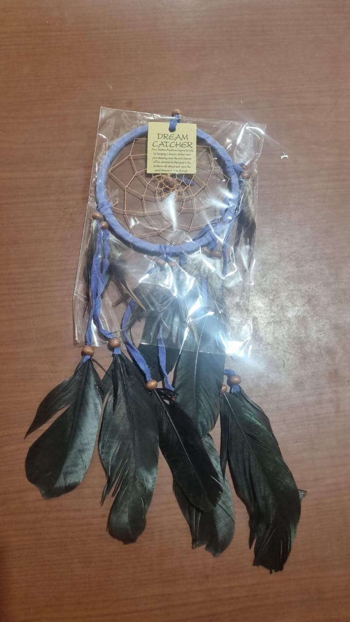 Artisan handmade dreamcatcher with cotton wrap, feathers, and wooden beads, 12cm diameter