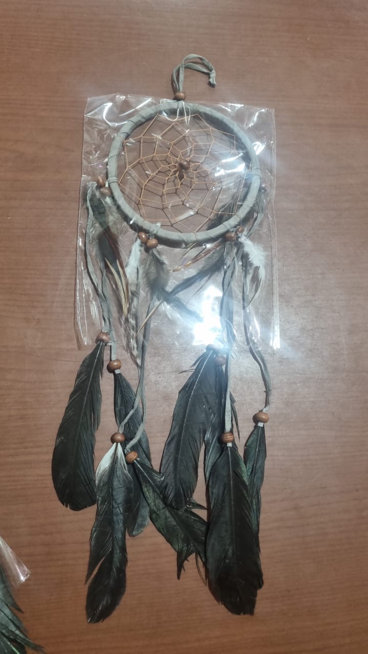 Artisan handmade dreamcatcher with cotton wrap, feathers, and wooden beads, 12cm diameter