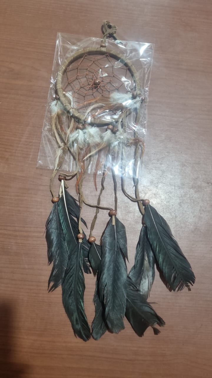 Artisan handmade dreamcatcher with cotton wrap, feathers, and wooden beads, 12cm diameter