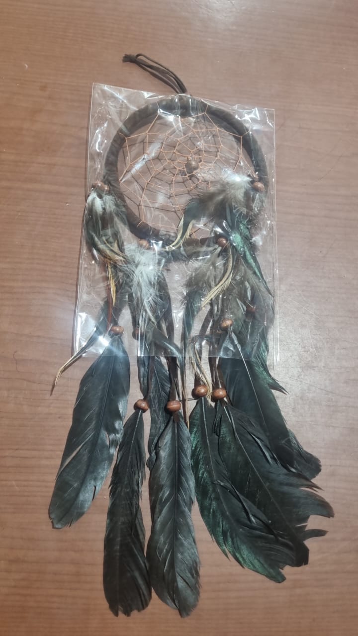 Artisan handmade dreamcatcher with cotton wrap, feathers, and wooden beads, 12cm diameter