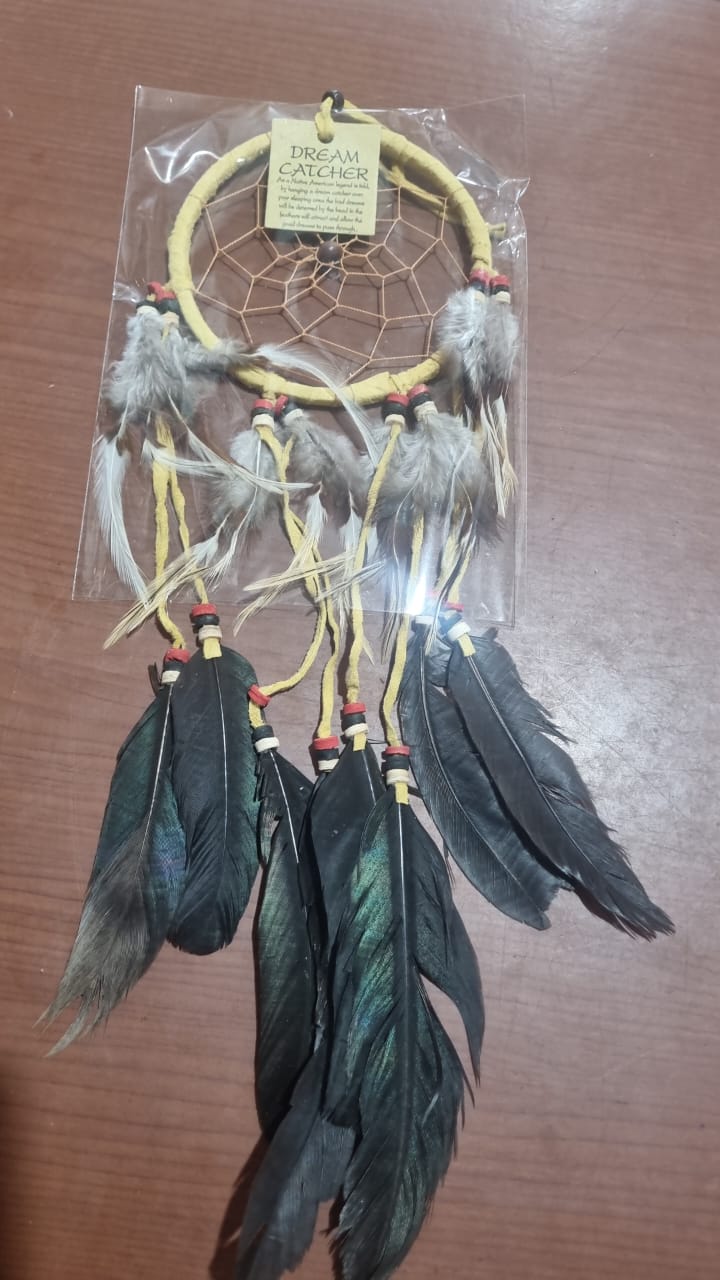 Artisan handmade dreamcatcher with cotton wrap, feathers, and wooden beads, 12cm diameter