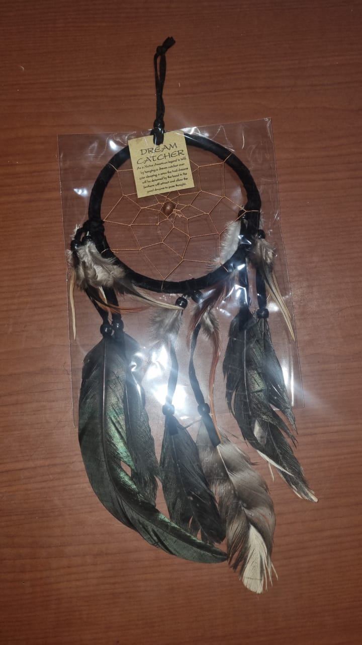 Artisan handmade dreamcatcher with cotton wrap, feathers, and wooden beads, 12cm diameter