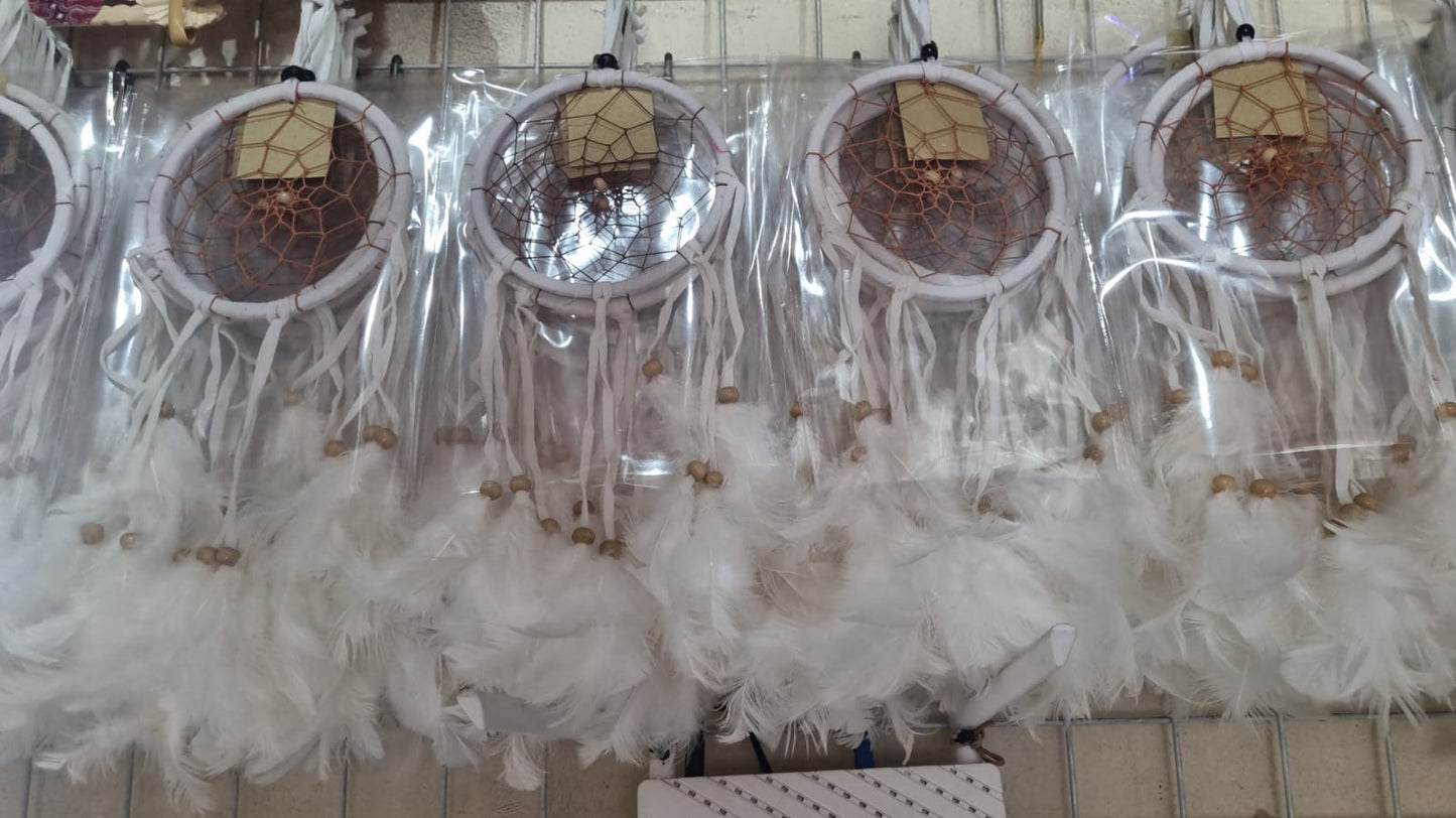 12cm handmade suede dreamcatcher with white feathers and wood beads – perfect for home décor or wholesale gifts.