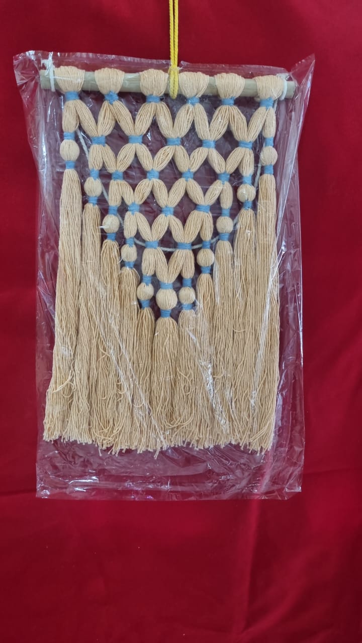 Small handmade cotton macrame wall hanging with fringe, 25 cm wide