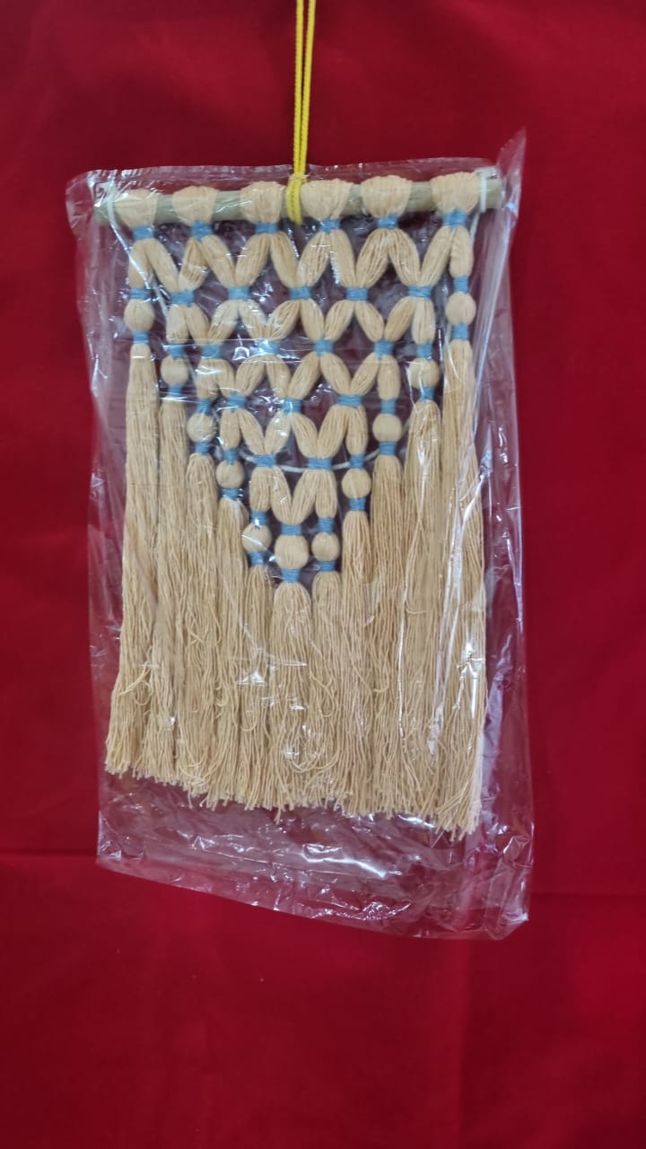Small handmade cotton macrame wall hanging with fringe, 25 cm wide