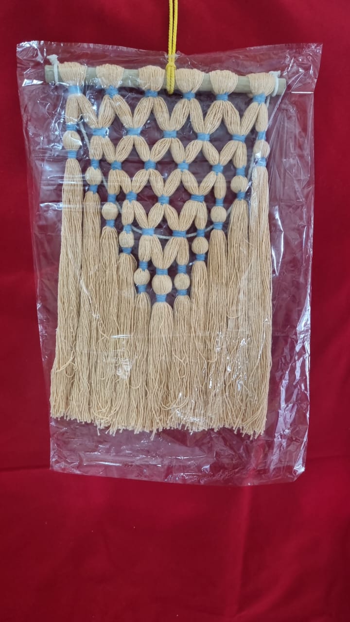 Small handmade cotton macrame wall hanging with fringe, 25 cm wide