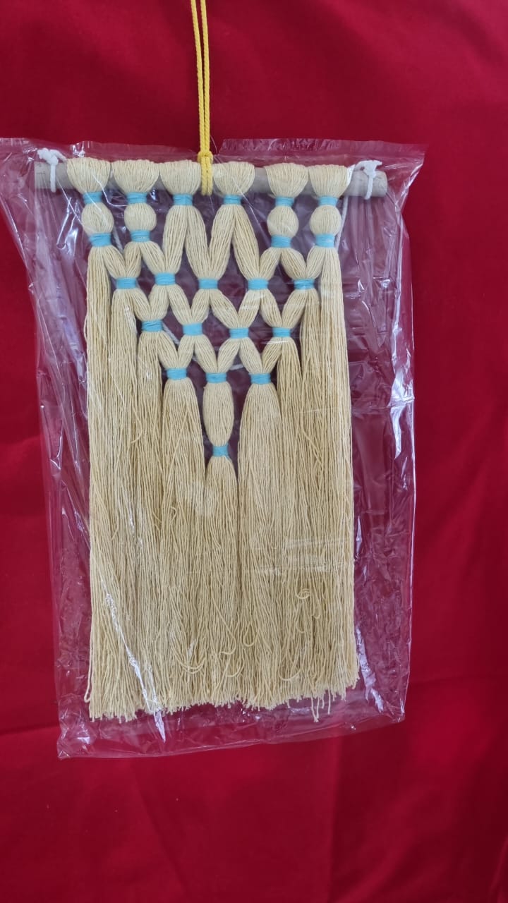 Small handmade cotton macrame wall hanging with fringe, 25 cm wide