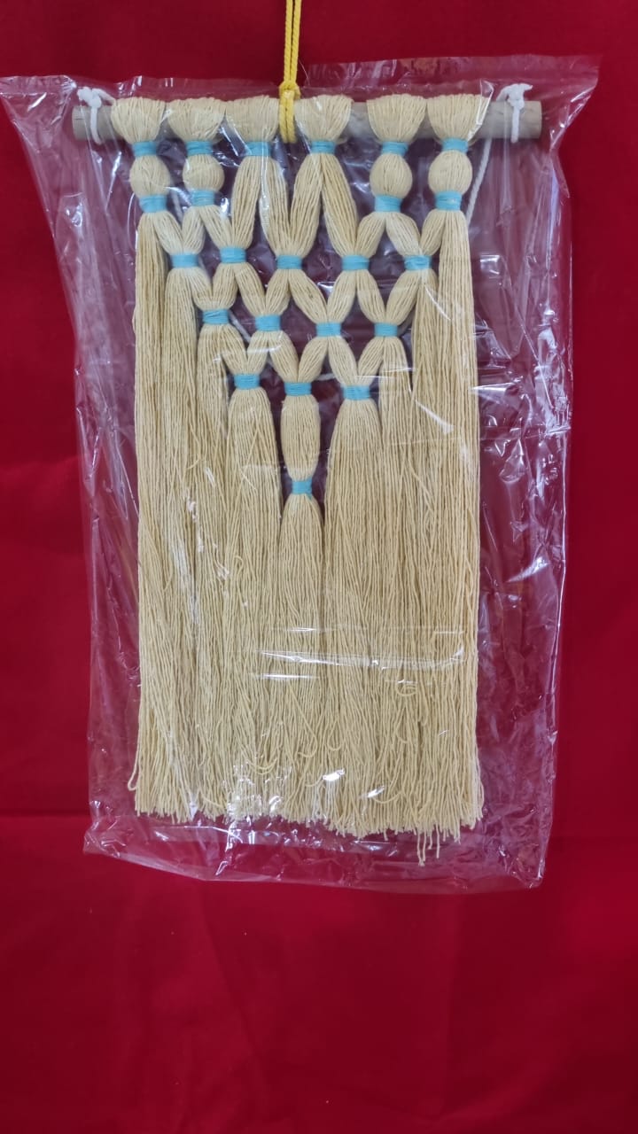 Small handmade cotton macrame wall hanging with fringe, 25 cm wide
