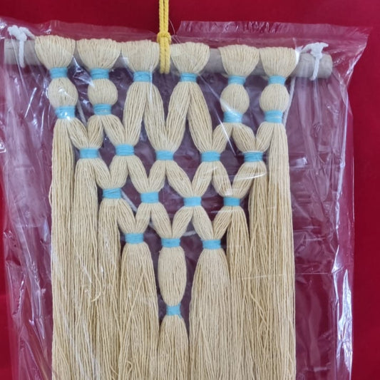 Small handmade cotton macrame wall hanging with fringe, 25 cm wide