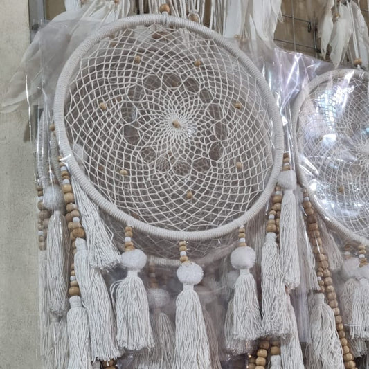 Large handmade 32cm cotton dreamcatcher with tassels and wooden beads for bohemian wall decor