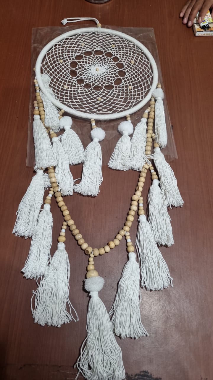 Large handmade 32cm cotton dreamcatcher with tassels and wooden beads for bohemian wall decor