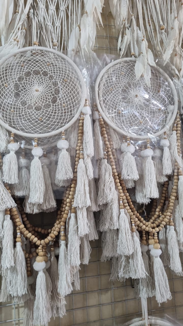 Large handmade 32cm cotton dreamcatcher with tassels and wooden beads for bohemian wall decor