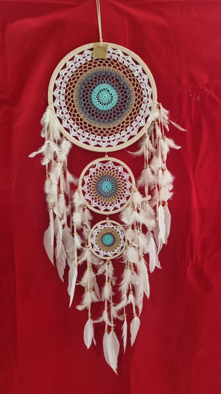 Handmade triple ring crochet dreamcatcher with white feathers and wooden beads, largest hoop 32 cm (12.6"), boho wall décor