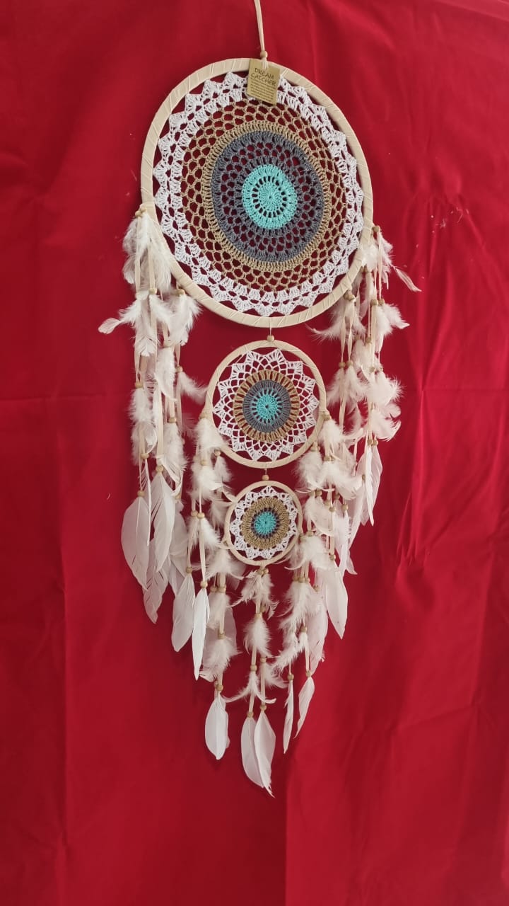 Handmade triple ring crochet dreamcatcher with white feathers and wooden beads, largest hoop 32 cm (12.6"), boho wall décor