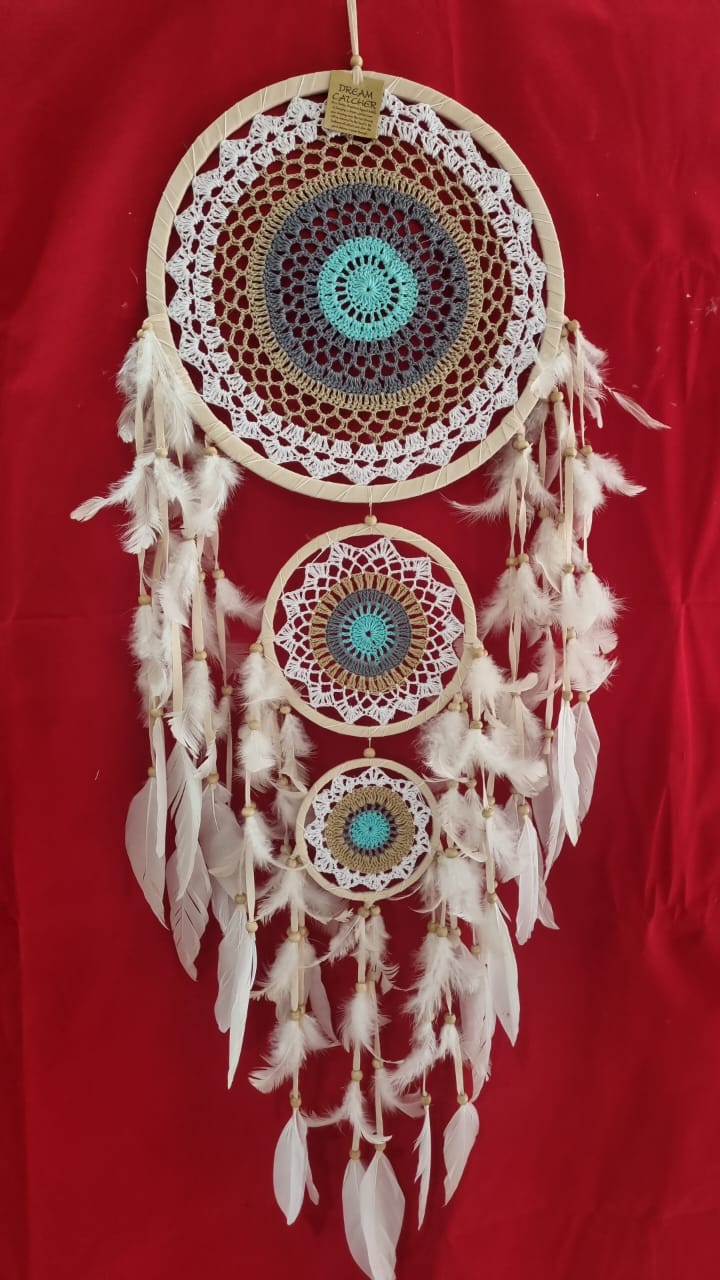 Handmade triple ring crochet dreamcatcher with white feathers and wooden beads, largest hoop 32 cm (12.6"), boho wall décor