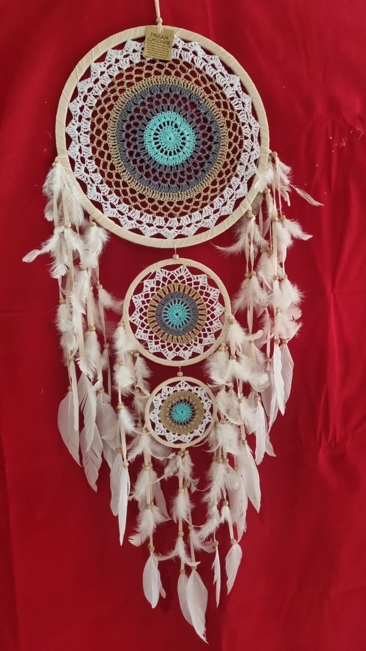 Handmade triple ring crochet dreamcatcher with white feathers and wooden beads, largest hoop 32 cm (12.6"), boho wall décor