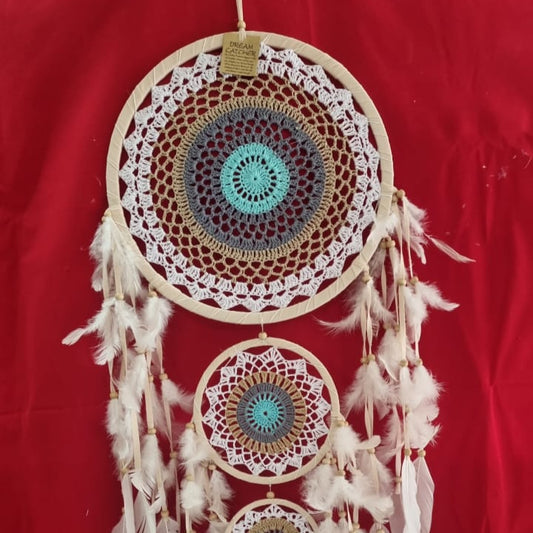 Handmade triple ring crochet dreamcatcher with white feathers and wooden beads, largest hoop 32 cm (12.6"), boho wall décor