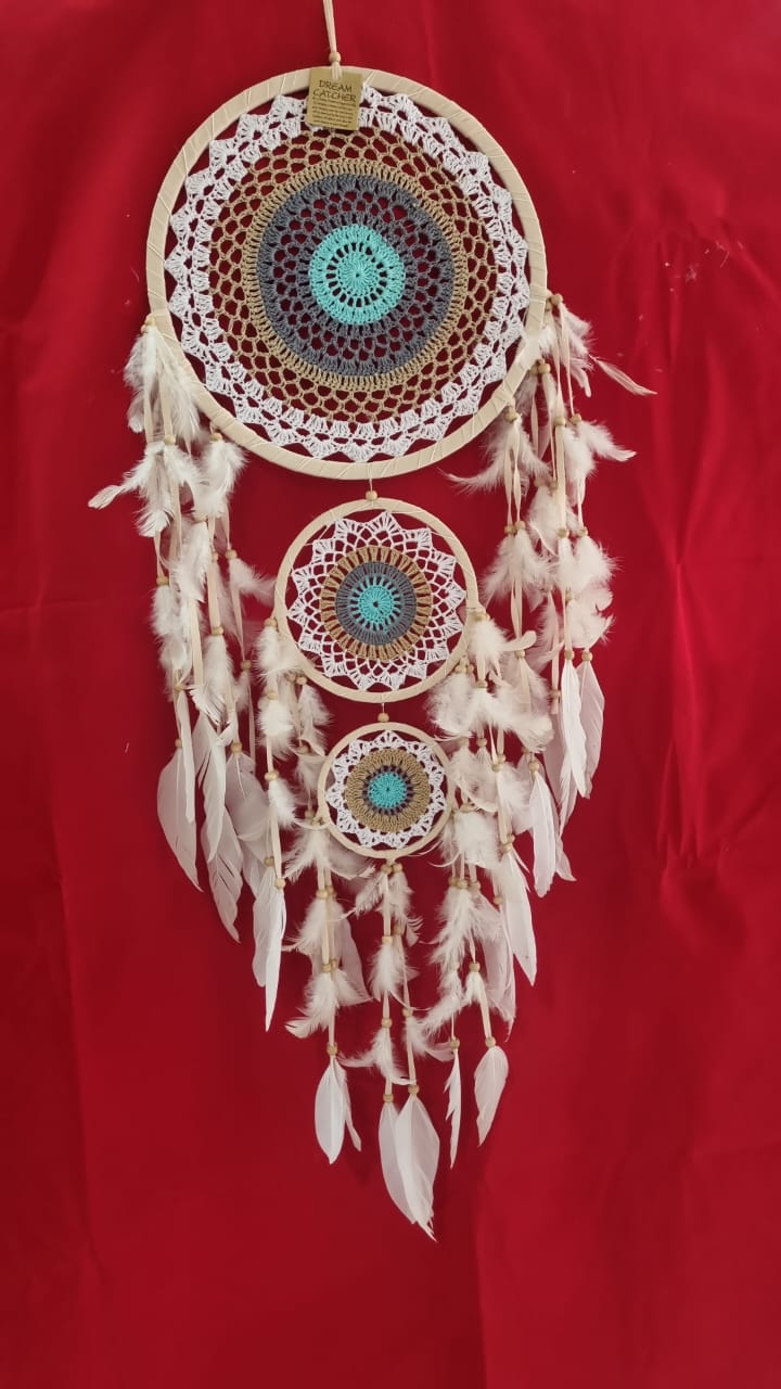 Handmade triple ring crochet dreamcatcher with white feathers and wooden beads, largest hoop 32 cm (12.6"), boho wall décor