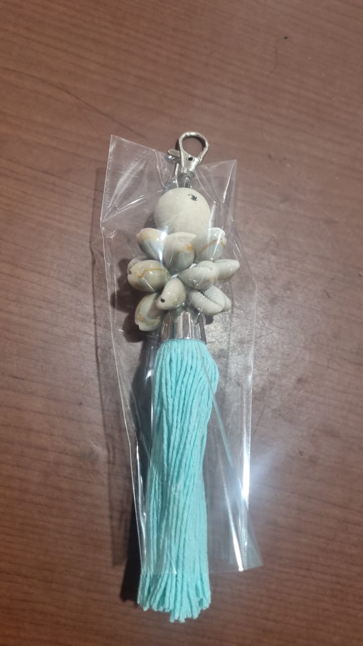 Handcrafted dreamcatcher keychain with wooden beads, shells, and colorful tassel