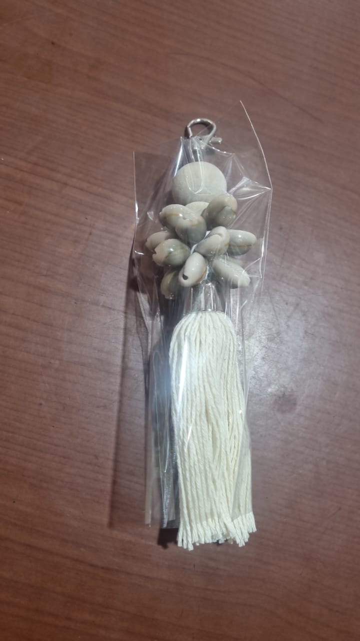 Handcrafted dreamcatcher keychain with wooden beads, shells, and colorful tassel