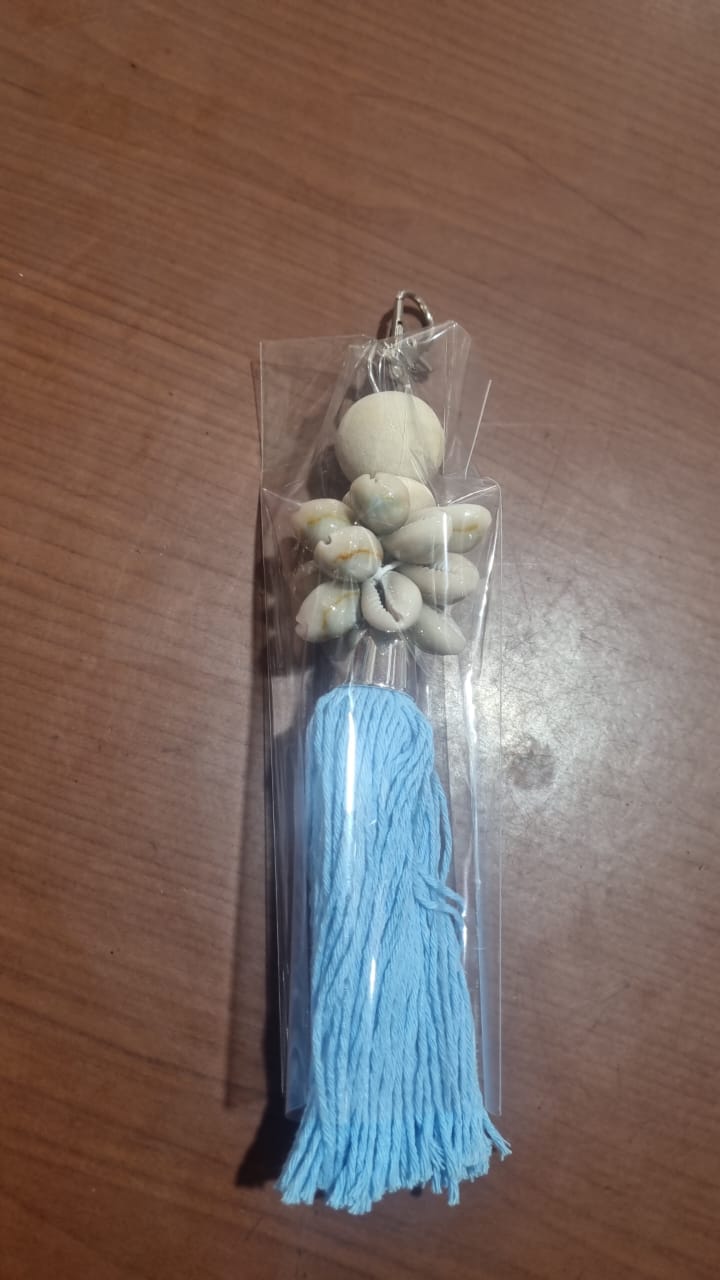 Handcrafted dreamcatcher keychain with wooden beads, shells, and colorful tassel