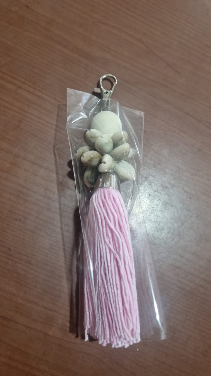 Handcrafted dreamcatcher keychain with wooden beads, shells, and colorful tassel