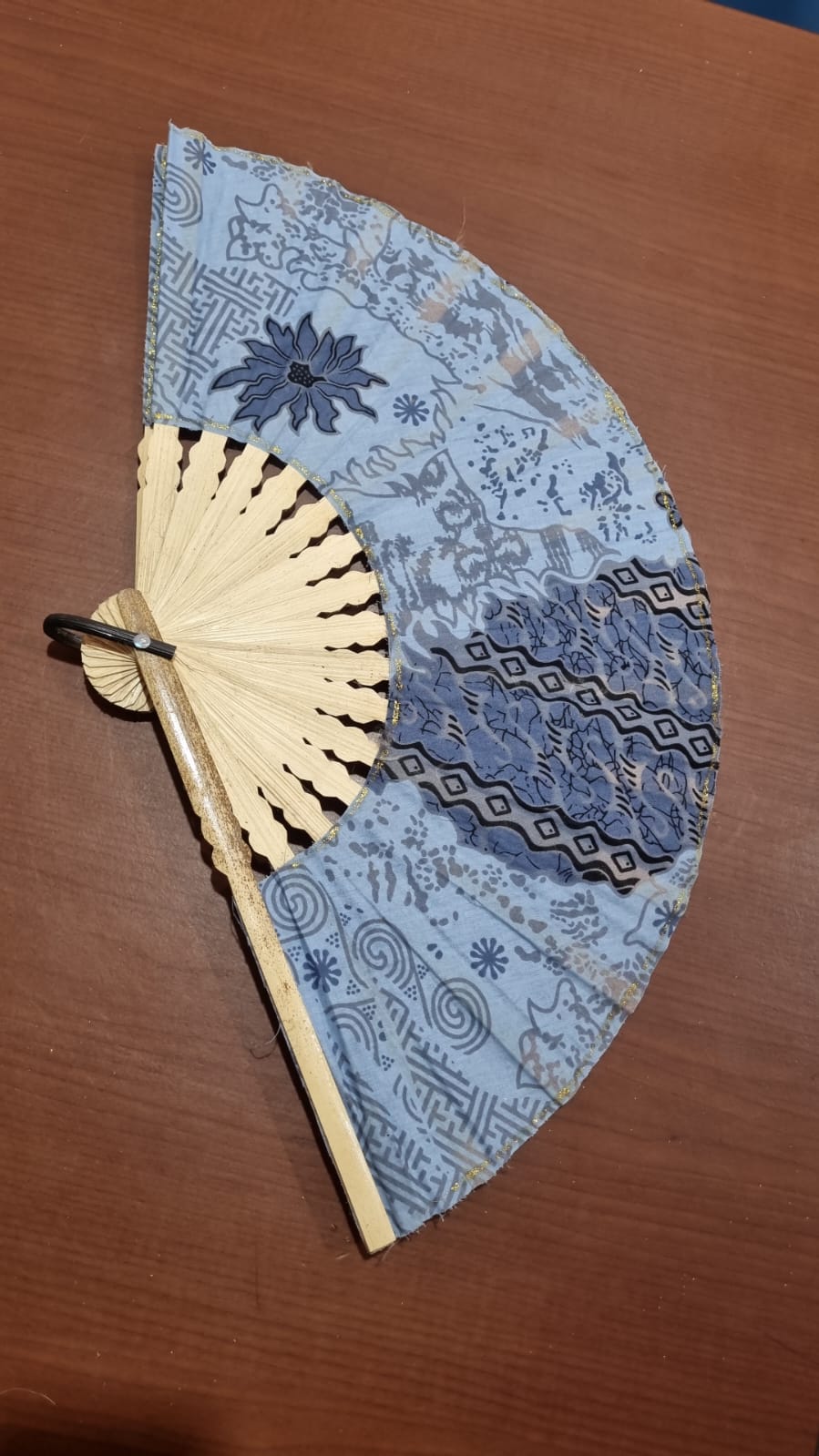 30 cm handmade batik cotton fan with natural bamboo handle, ideal for summer use, décor, and event souvenirs.
