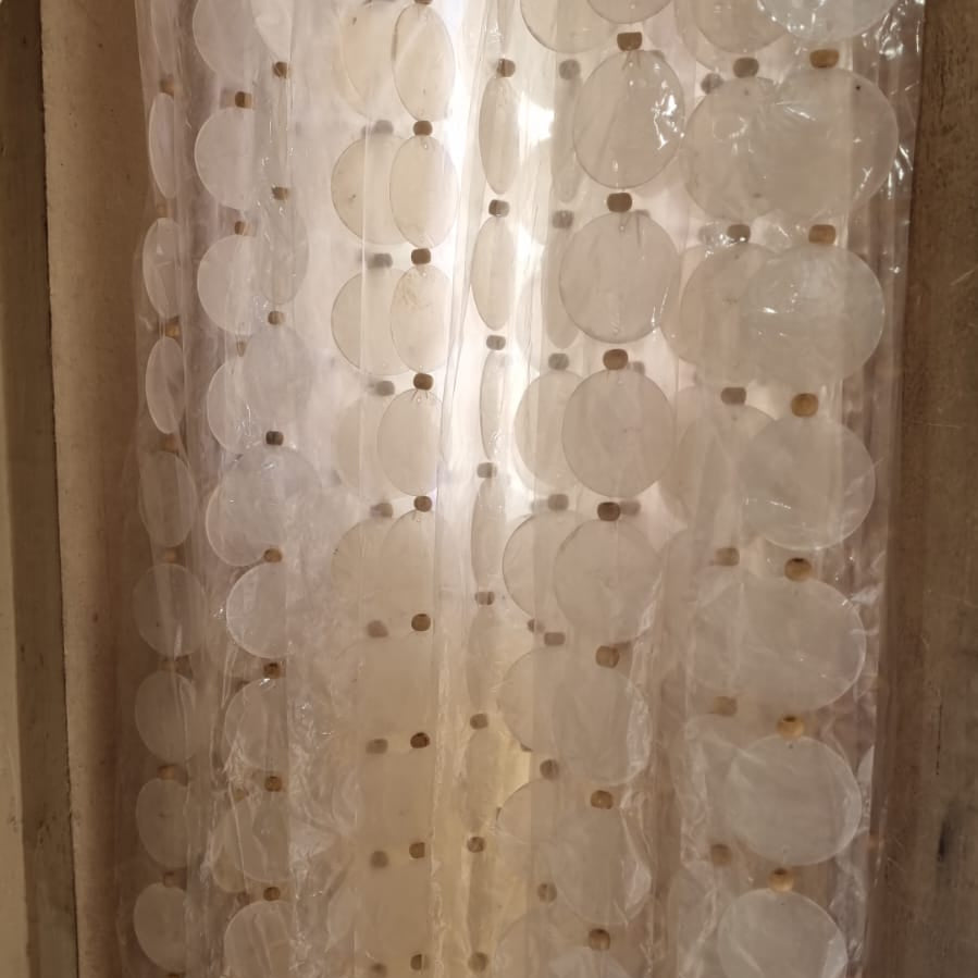 Handcrafted capiz shell curtain 200cm with wood bead accents — ideal for boho, tropical, or coastal room design.