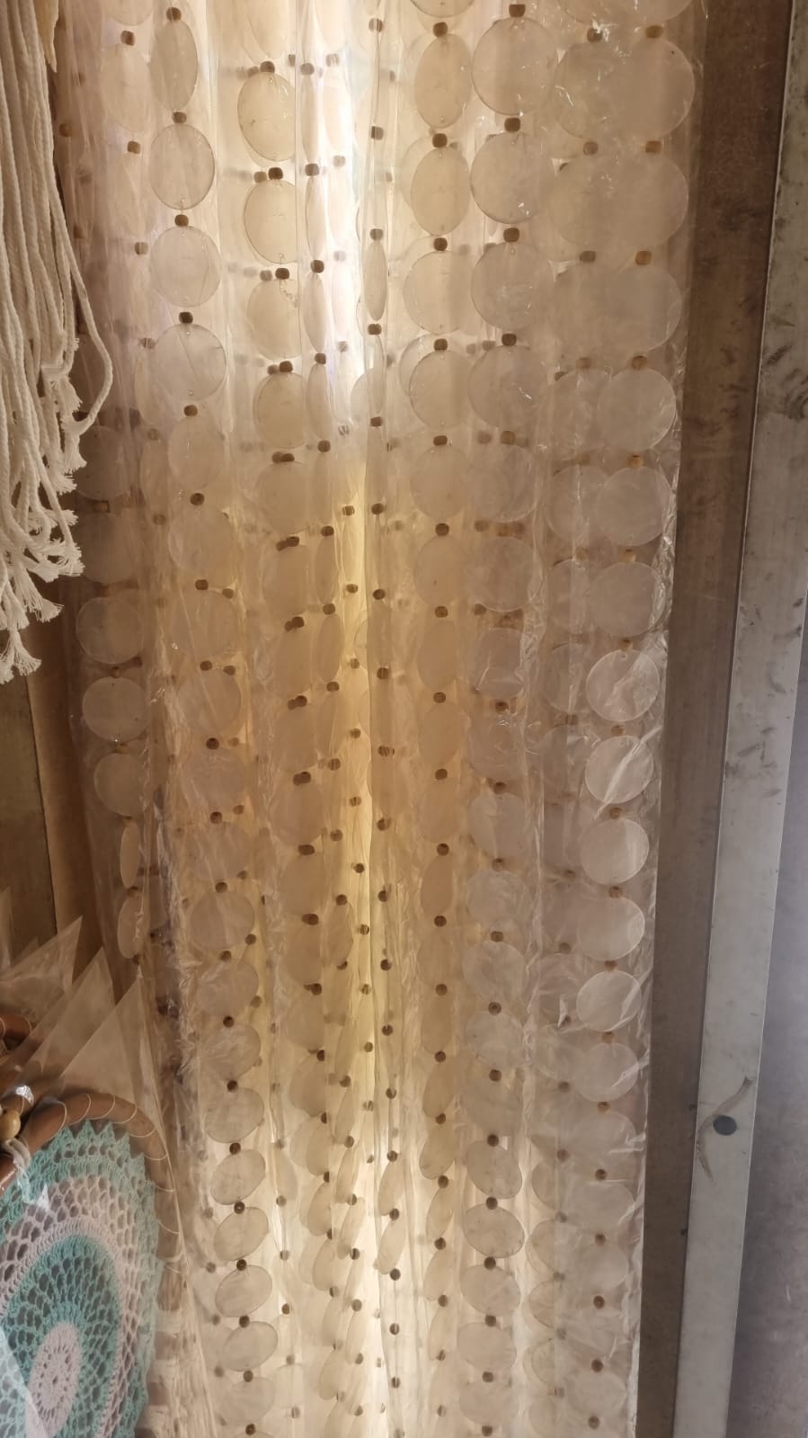 Handcrafted capiz shell curtain 200cm with wood bead accents — ideal for boho, tropical, or coastal room design.
