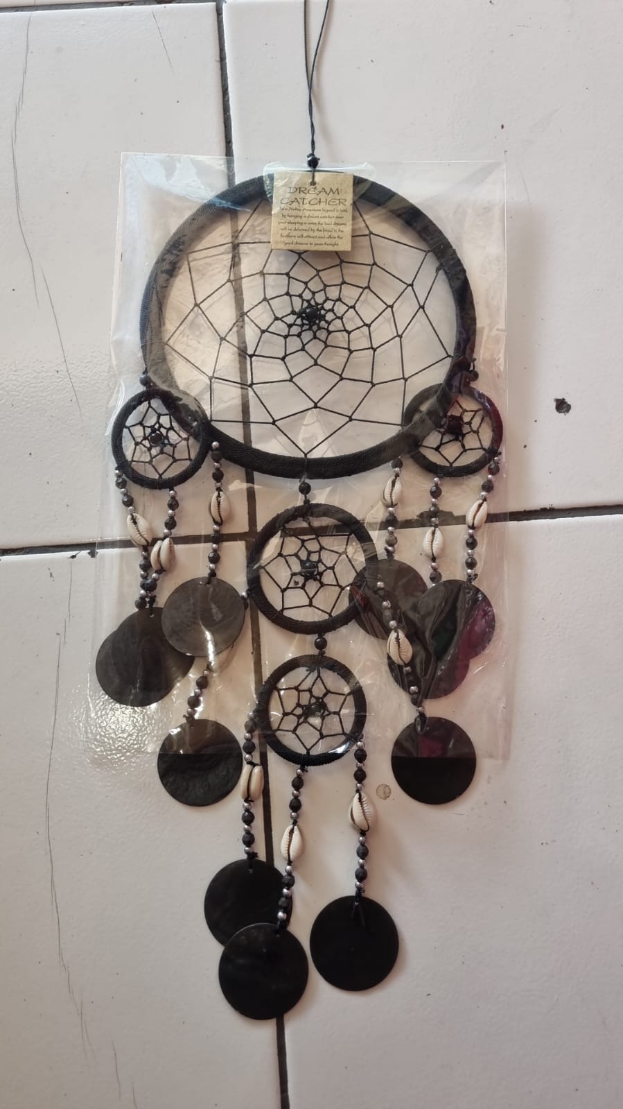 Colorful handmade dreamcatcher 16cm with nylon web, capiz shell discs, cowrie shells, boho wall hanging.